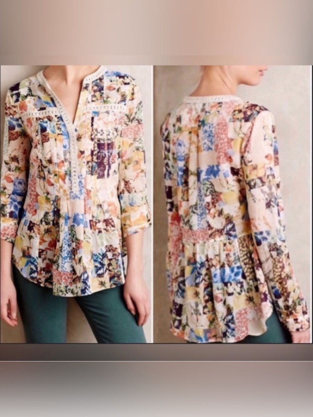 Anthropologie Maeve Abella Floral Print Patchwork Peasant Blouse